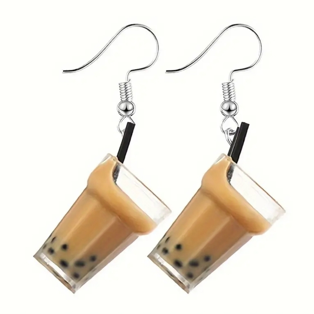 Milk Tea Coffee Acrylic Dangling Alloy Whimsical Earrings.